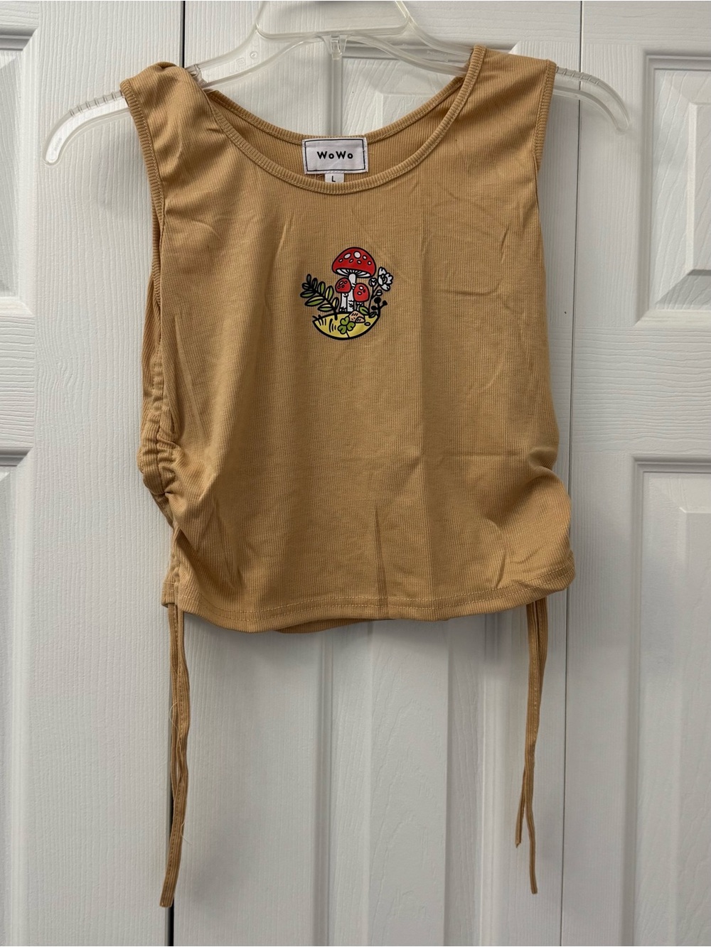 WoWo Mustard Slim Crop Tank with Mushroom Graphic NWT size Large